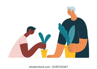 Cheerful senior man with kid. Grandparent planting houseplants with grandchild on white background. Senior man gardening with child. Vector illustration. Seniors. Landing page, website banner