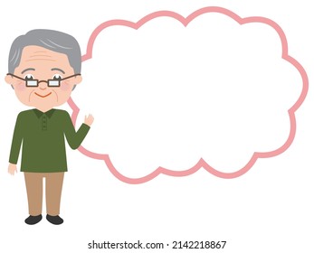 A cheerful senior man with a speech bubble