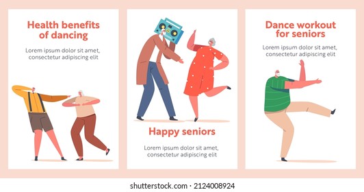 Cheerful Senior Pensioners Cartoon Banners. Happy Fashioned Elderly Characters Dancing, Relaxing on Party. Leisure or Active Hobby. Old Men and Women Dance with Tape Recorder. Vector Posters