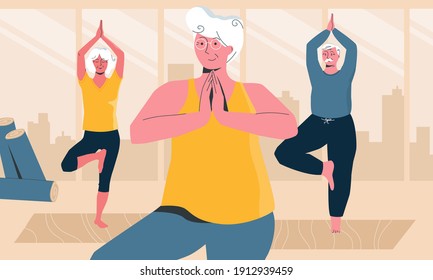Cheerful senior people doing yoga in local yoga class horizontal vector illustration. Senior wellness issue. Healthcare group activities for elderly people. Modern lifestyles.