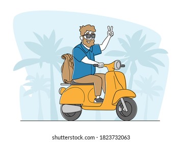 Cheerful Senior Riding Motorbike with Backpack, Hipster Pensioner Active Lifestyle, Aged Male Character Extreme Activity, Old Man in Sunglasses Driving Fast on Scooter. Linear Vector Illustration