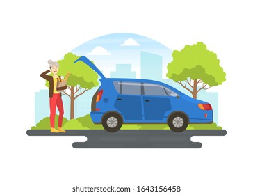 Cheerful Senior Woman with Bag of Groceries Standing Next to Her Car and Talking on the Phone, Elderly People Active Lifestyle Vector Illustration