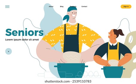 Cheerful senior woman cook with kid. Grandparent baking with grandchild on abstract background. Modern flat vector illustration. Seniors. Landing page and website banner template.