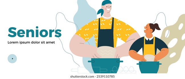 Cheerful senior woman cook with kid. Grandparent baking with grandchild on abstract background. Modern flat vector illustration. Seniors. Landing page and website banner template.