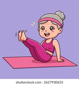A cheerful senior woman with gray hair in a bun and a pink headband practices a seated yoga pose on a pink mat.