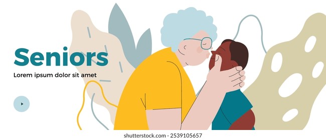 Cheerful senior woman with kid. Grandparent kissing grandchild on abstract background. Modern flat vector illustration. Seniors. Landing page and website banner template.