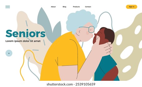 Cheerful senior woman with kid. Grandparent kissing grandchild on abstract background. Modern flat vector illustration. Seniors. Landing page and website banner template.