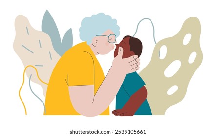Cheerful senior woman with kid. Grandparent kissing grandchild on abstract background. Modern flat vector illustration. Seniors. Landing page and website banner template.