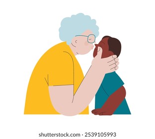 Cheerful senior woman with kid. Grandparent kissing grandchild isolated on white background. Modern flat vector illustration. Seniors.