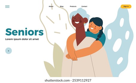 Cheerful senior woman with kid. Grandparent embrace grandchild on abstract background. Modern flat vector illustration. Seniors. Landing page and website banner template.