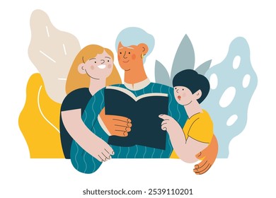Cheerful senior woman with kids. Grandparent read a book to grandchildren on abstract background. Modern flat vector illustration. Seniors. Landing page and website banner template.