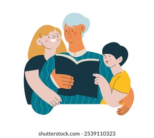Cheerful senior woman with kids. Grandparent read a book to grandchildren isolated on white background. Modern flat vector illustration. Seniors. 