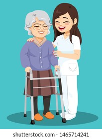 Cheerful senior woman walking with walker and assisted by female nurse help concept