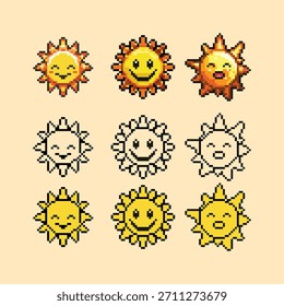 Un alegre conjunto de iconos de sol de arte de píxeles de estilo de 8 bits. Esta colección presenta tres variaciones de un carácter de sol feliz con una cara sonriente, presentada en color detallado, contorno blanco y negro.