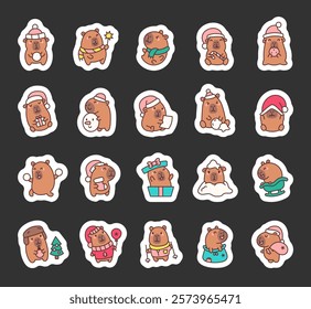 A cheerful set of capybara Christmas characters in kawaii cartoon style with santa hats, scarves, snowballs, gifts, festive accessories, playful animals, and joyful illustrations.