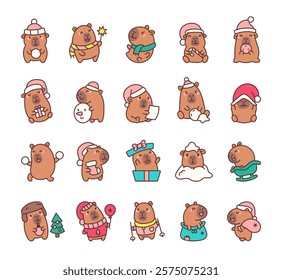 A cheerful set of capybara Christmas characters in kawaii cartoon style with santa hats, scarves, snowballs, gifts, festive accessories, playful animals, and joyful illustrations.