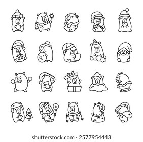 A cheerful set of capybara Christmas characters in kawaii cartoon style with santa hats, scarves, snowballs, gifts, festive accessories, playful animals, and joyful illustrations.