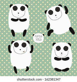 Cheerful set with cartoon panda. Panda does yoga. 