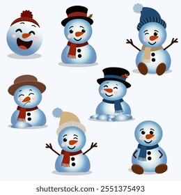 A cheerful set of cartoon snowmen in various poses and winter outfits, featuring hats, scarves, and playful expressions. Perfect for holiday designs, cards, stickers, or festive decorations!
