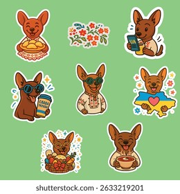 A cheerful set of cartoon stickers featuring a miniature pinscher dog named Fedir dressed in traditional Ukrainian clothing.