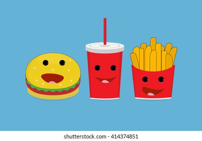 Cheerful set of fast food hamburger, potatoes and a drink in a cartoon style. Vector illustration. Icon, character, menu item.