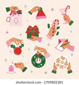 A cheerful set of flat-style hand illustrations showing festive holiday activities—like holding gifts, hanging ornaments, writing cards, lighting candles, and baking cookies. Perfect for seasonal bran
