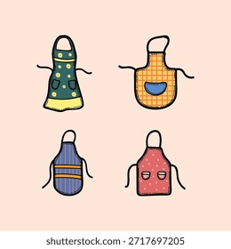 Un alegre conjunto de cuatro delantales de cocina ilustrados en patrones florales, a cuadros, rayados y punteados, perfectos para cocinar, hornear y acogedores momentos familiares en la cocina del hogar.