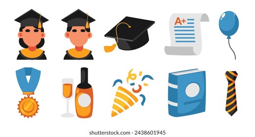 A cheerful set of graduation themed vector icons including graduates, a cap, diploma, and party elements, ideal for invitations and educational materials