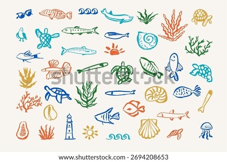A cheerful set of hand drawn marine life and ocean elements in bright, playful colors. Includes fish, turtles, dolphins, coral, shells, and a lighthouse ideal for kids designs, educational use, and