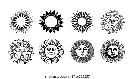 Un alegre conjunto de sol dibujado a mano con una cara sonriente, irradiando calor y alegría en un estilo místico celestial en blanco y negro, perfecto para el arte cósmico