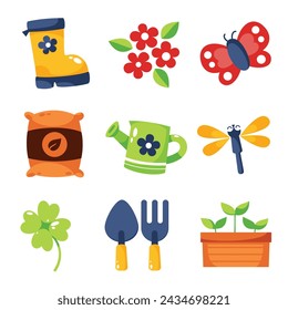 A cheerful set of illustrated gardening items and springtime motifs, including a rain boot, flowers, a butterfly, bag of soil, watering can, dragonfly, clover, gardening tools, and a potted plant