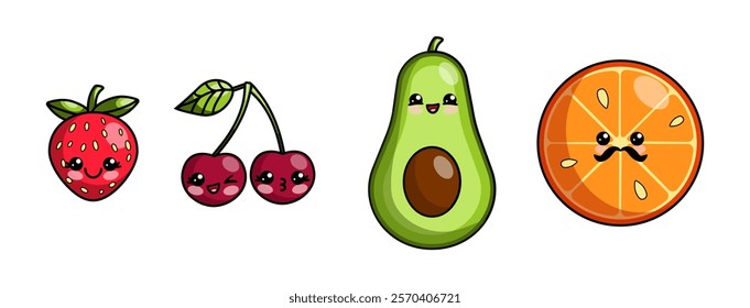 A cheerful set of kawaii-style fruit characters, including a strawberry, cherries, an avocado, and an orange. Each fruit has charming facial expressions that are perfect for playful projects.