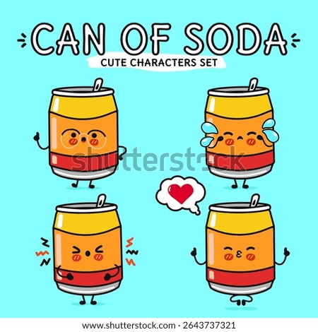 A cheerful set of Soda Can characters, each expressing different emotions with charming expressions and gestures. The illustration features a vibrant blue background.