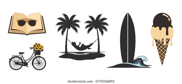 Un alegre conjunto de elementos esenciales de vacaciones de verano, que incluyen relajación en la playa, actividades de viaje y delicias refrescantes, perfecto para cualquier proyecto de temática navideña