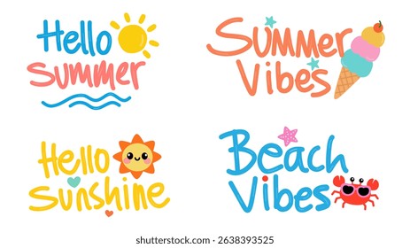 Cheerful set of summer-themed typography with hand-drawn style and cute illustrations like sun, ice cream, and crab. Includes phrases like Hello Summer, Beach Vibes, Summer Vibes, and Hello Sunshine.