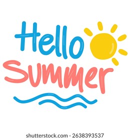 Cheerful set of summer-themed typography with hand-drawn style and cute illustrations like sun, ice cream, and crab. Includes phrases like Hello Summer.