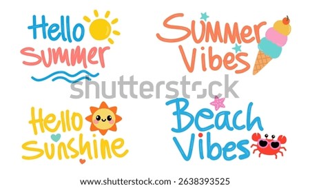 Cheerful set of summer-themed typography with hand-drawn style and cute illustrations like sun, ice cream, and crab. Includes phrases like Hello Summer, Beach Vibes, Summer Vibes, and Hello Sunshine.