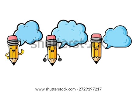 A cheerful set of three cartoon pencil mascots standing next to blank blue speech and thought bubbles, ideal for education, learning, or communication projects isolated on white.
