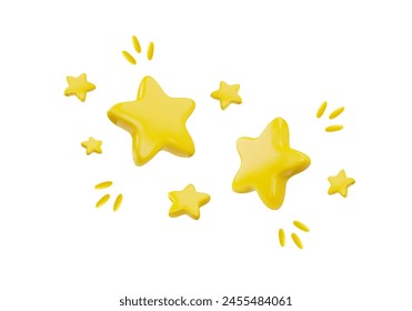 A cheerful set of yellow 3D star icons with various sizes and dynamic accents, depicted as if in a joyful dance, in a lively vector illustration for celebratory designs.