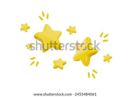 A cheerful set of yellow 3D star icons with various sizes and dynamic accents, depicted as if in a joyful dance, in a lively vector illustration for celebratory designs.