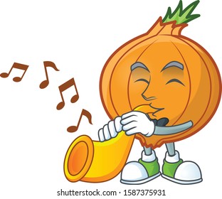 Cheerful shallot cartoon character performance with trumpet