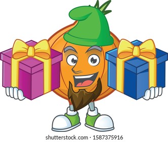 Cheerful shallot cartoon design with Christmas gift boxes