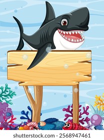Cheerful shark above a wooden underwater sign