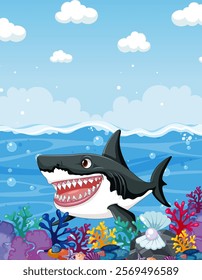 A cheerful shark amidst vibrant coral and sea life