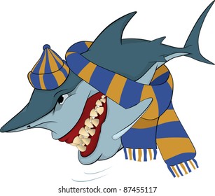 Cheerful shark with a cap and a scarf. Cartoon
