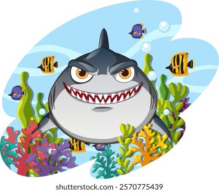 A cheerful shark surrounded by vibrant marine life