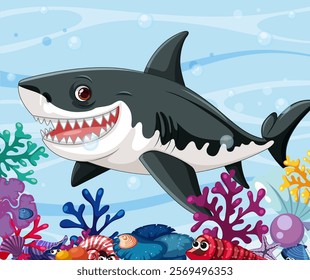 A cheerful shark swimming among vibrant coral reefs