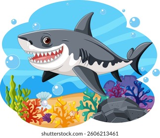A cheerful shark swims among colorful coral and fish