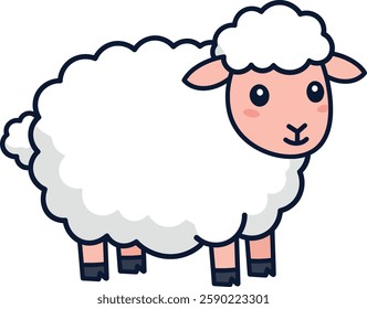 A cheerful sheep with fluffy white wool and pink ears stands in a playful pose, evoking a lighthearted mood.