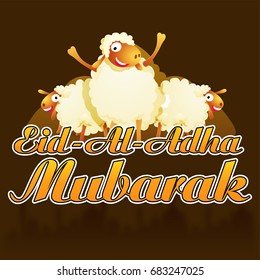 Fröhliche Schafe mit Papier Text Eid-Al-Adha Mubarak auf braunem Hintergrund, Kreative Illustration des islamischen Festivals der Opfer Feier.